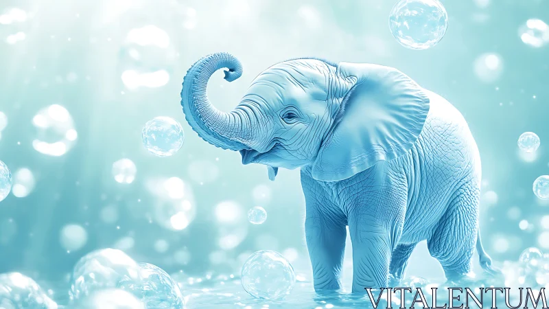 Blue baby elephant walks through glowing floating bubbles