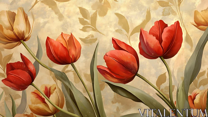 Layered digital tulip study with textured leaves and muted backdrop