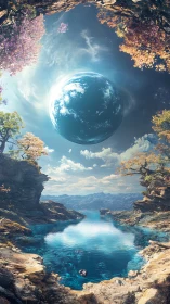 Rock basin lake beneath suspended planet-like sphere.