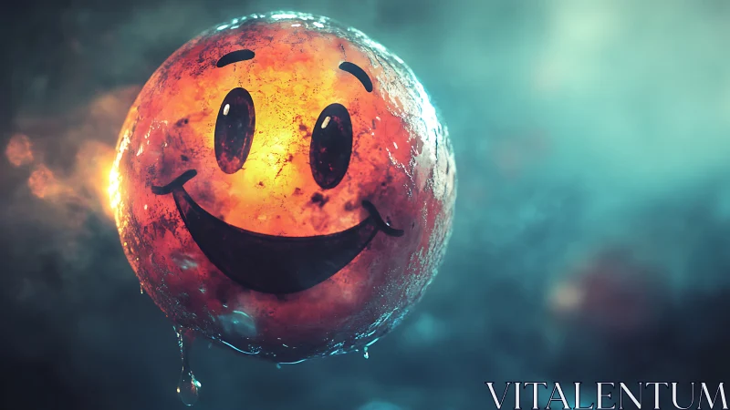 Smiling molten sphere glows against dreamy teal haze.