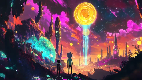 Bioluminescent alien valley with twin observers under radiant portal