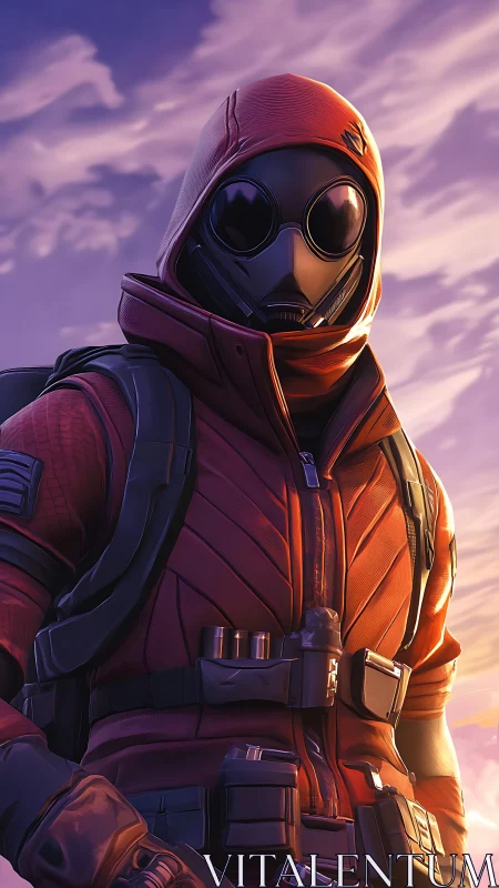 Masked tactical figure in red hooded suit stands under sky