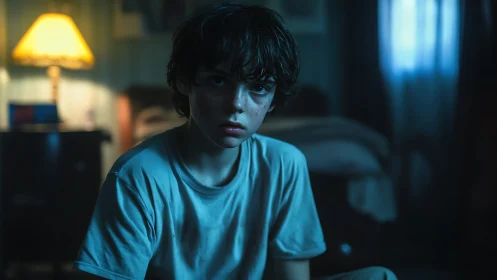 Cinematic low key portrait of pensive boy in blue lamplit room