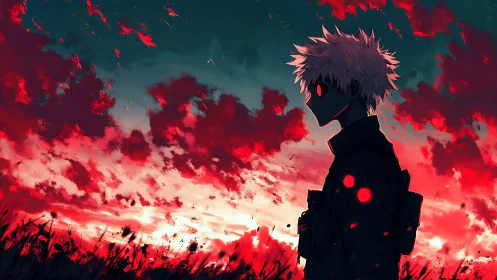 Silhouetted figure stands before saturated red cloudscape