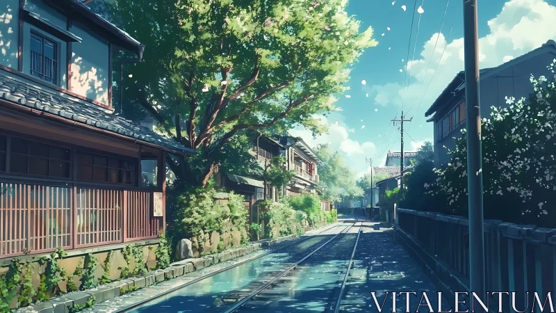 Sunlit village street with quiet rails and drifting blossoms.