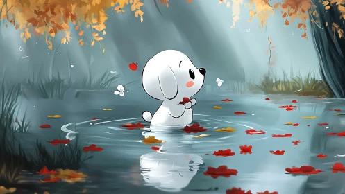 Small white dog in autumn pond holding red leaf.