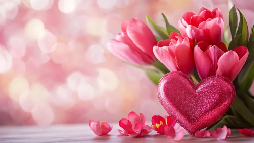 Romantic Tulip Composition with Glittered Heart Symbol.