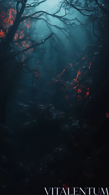 Emberlit forest canopy under deep teal moonrays.