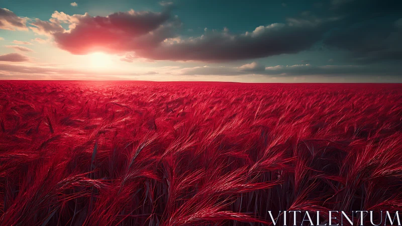Crimson wheat horizon under dramatic sunset sky panorama.