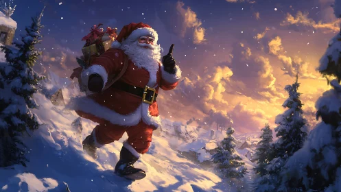 Santa strides through snowy hillside under glowing sunset sky