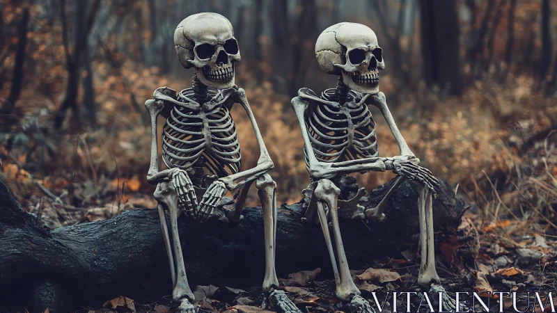 Twin skeletal figures resting on log in misty autumn forest.
