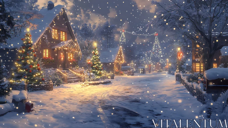 Snow-covered village street displays illuminated houses and trees