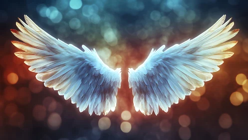 Digital painting of luminous angel wings on bokeh field.