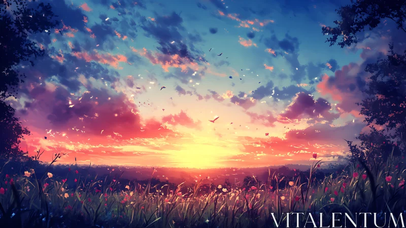 Sunset horizon glows over a wildflower meadow in bloom.