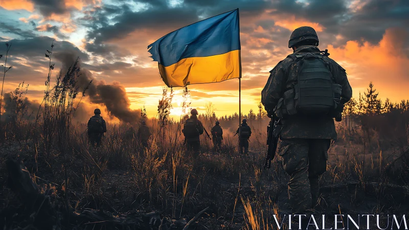 Ukrainian soldiers advance under dramatic sunset sky.