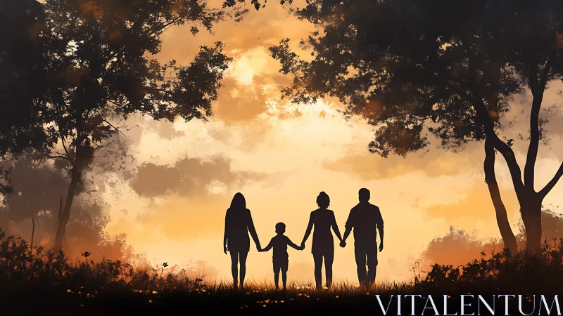 Silhouetted family strolls beneath a glowing twilight canopy.