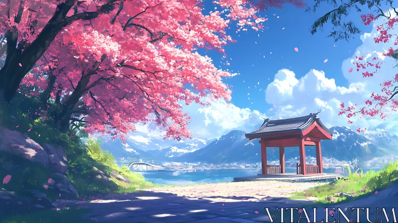 Springtime lakeside pavilion beneath drifting sakura petals.