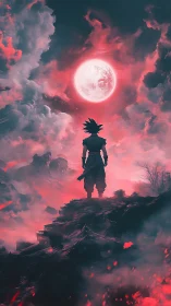 Lone anime warrior gazes toward a glowing crimson moon.