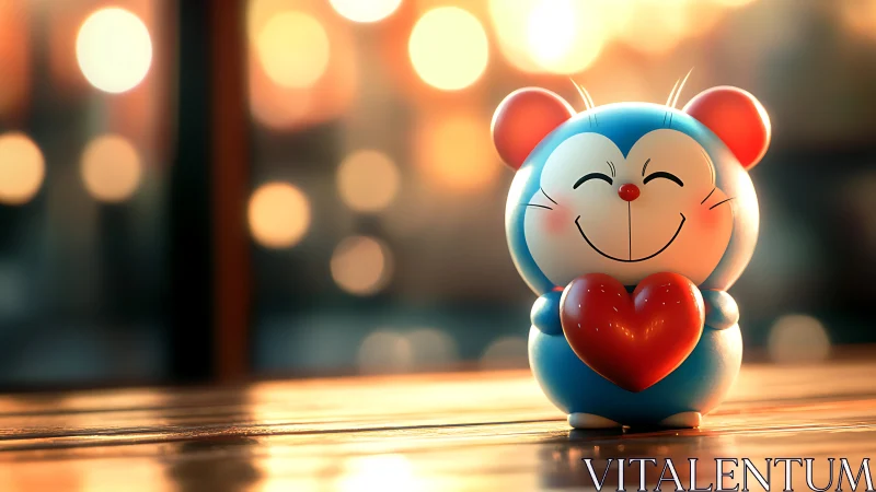 Chibi blue mouse figurine holding glossy red heart on bokeh table