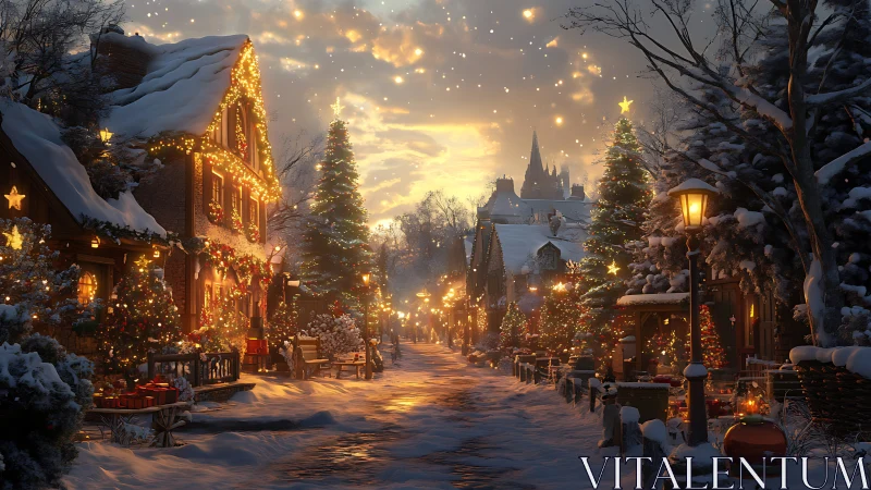 Digital painting of festive snow-covered Christmas village street.
