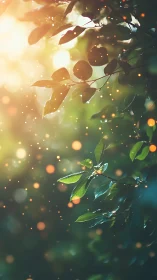 Backlit foliage with bokeh particles in vertical watercolor study.