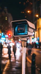 Surveillance camera records urban street scene at night