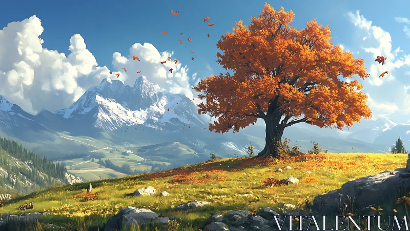 Glowing autumn tree welcoming you to peaceful mountain views.