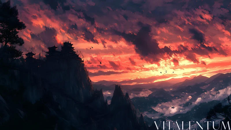 Mountain fortress overlooks clouded valley at intense sunset