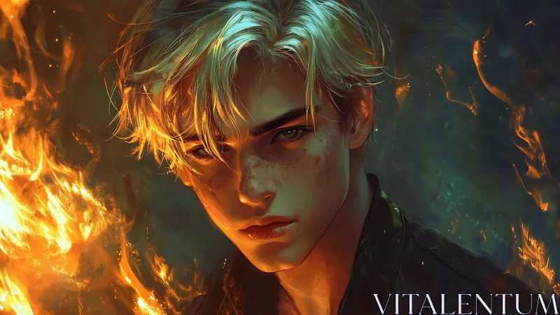Blond youth rendered in close-up beside controlled flames