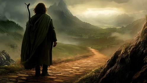 Wanderer on a sunlit path toward misty emerald peaks.