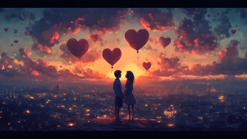 Silhouetted Couple Beneath Ascending Heart Balloons at Sunset.