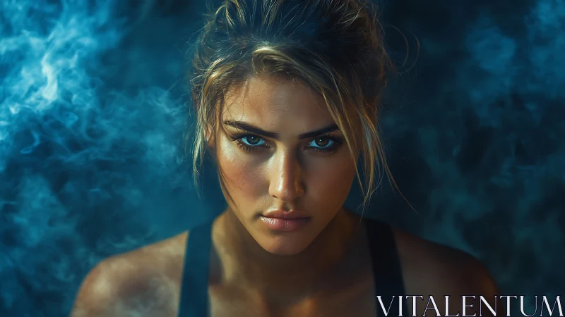 Intense female portrait framed by cinematic blue atmospheric haze