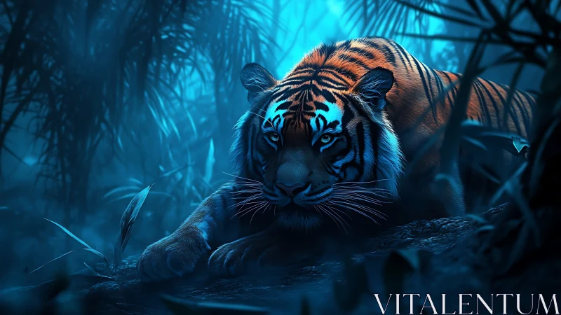 Moonlit jungle stalker, cyan shadows wrapped in stripes.
