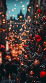 Christmas tree close-up with glowing street bokeh lights.