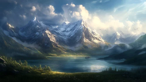 Mountain lake panorama with snow peaks and distant boat.