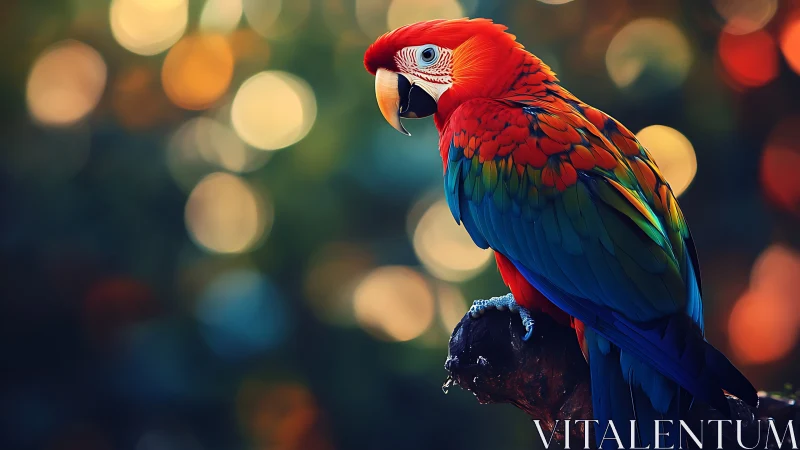 Vibrant Scarlet Macaw on Branch with Soft Bokeh Background.