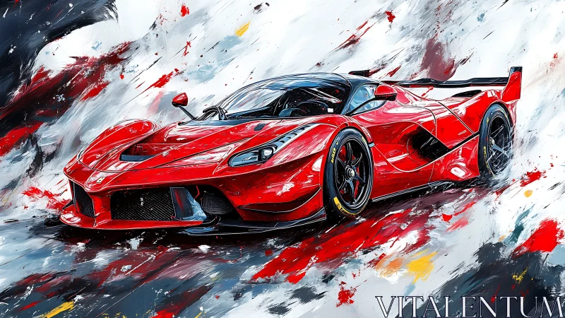Red racing supercar in dynamic abstract paint strokes.