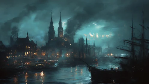 Harbor city skyline is rendered with ships under dense fog