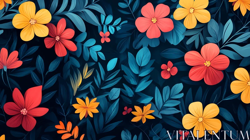 Vibrant Floral Composition with Coral, Yellow, and Teal Botanical Elements