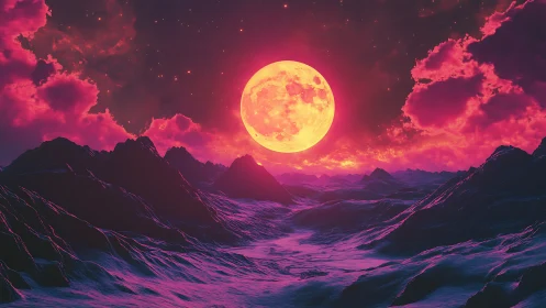Luminous pink moon gently crowns a surreal alien horizon