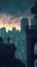 Sunset city skyline viewed from a quiet pixel cliffside.