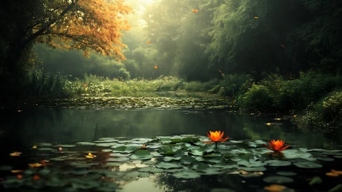 Lily pads and orange water lilies float on a calm forest pond.