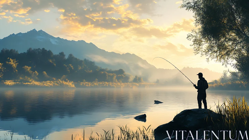 Solitary angler silhouettes against misty mountain sunrise.