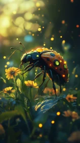 Ladybug macro on yellow flowers in glowing garden scene.