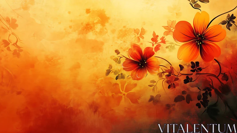 Radiant orange blossoms glow against golden abstract haze.