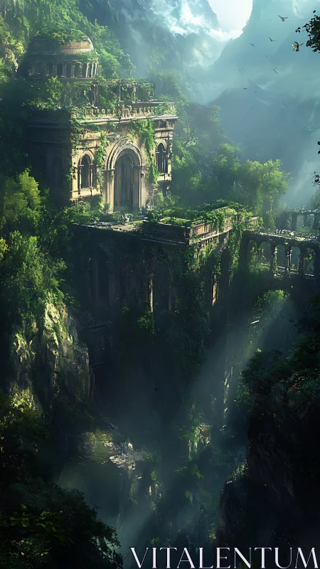 Overgrown neoclassical cliffside temple amid misted jungle gorge