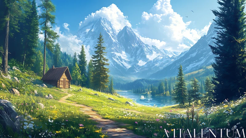 Mountain lake cabin under bright alpine summer sky