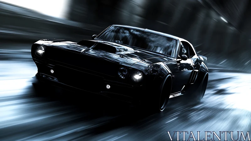 Midnight muscle car racing through a slick neon city street.