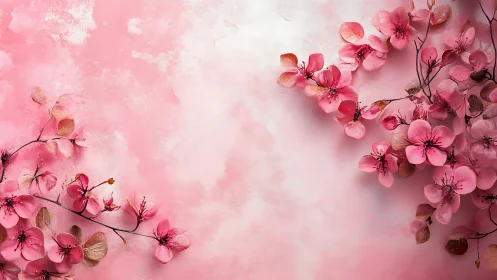 Cherry blossoms dance against dreamlike pink ethereal backdrop