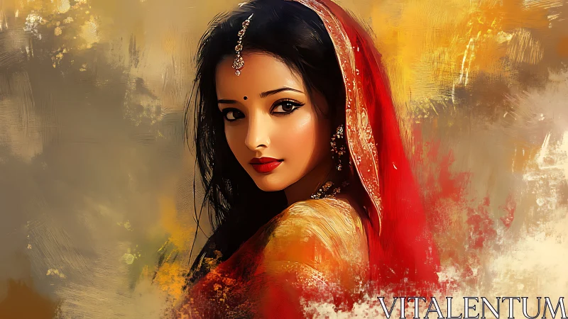 Digital portrait of Indian woman in red dupatta, painterly bokeh background